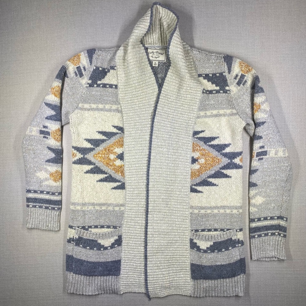 Lucky Brand Womens Southwestern Shawl Collar Open Front Sweater Cardigan Grey XL